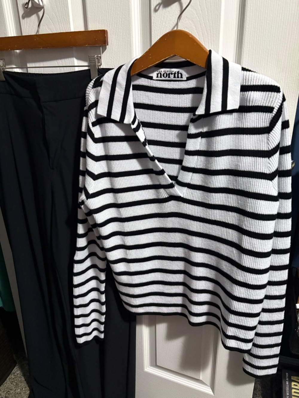 Striped V-Neck Cotton Polo Sweater in Black and White. New without Tags. Large